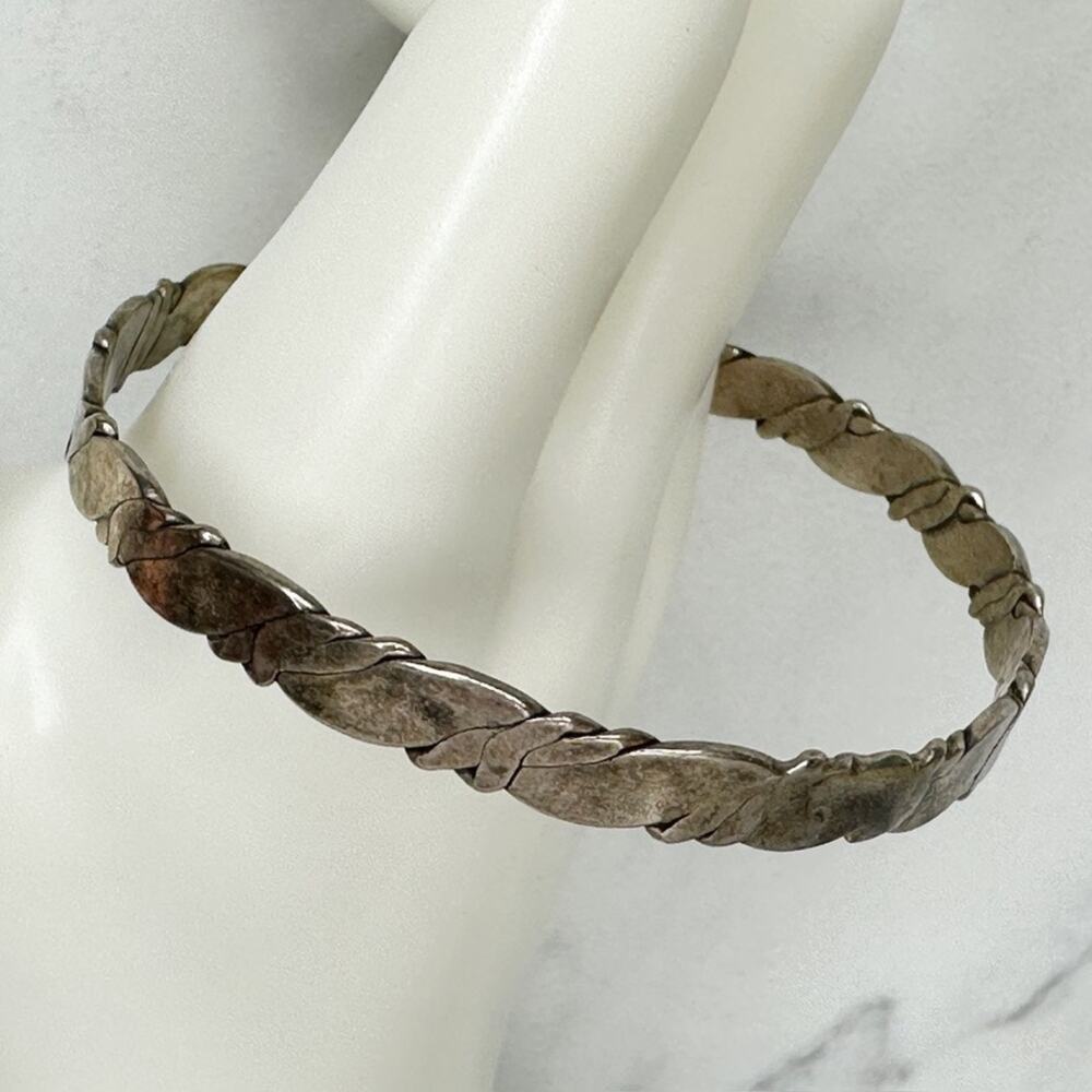 Vintage Mexico Silver Tone Flat Braided Twist Bangle Bracelet ✨